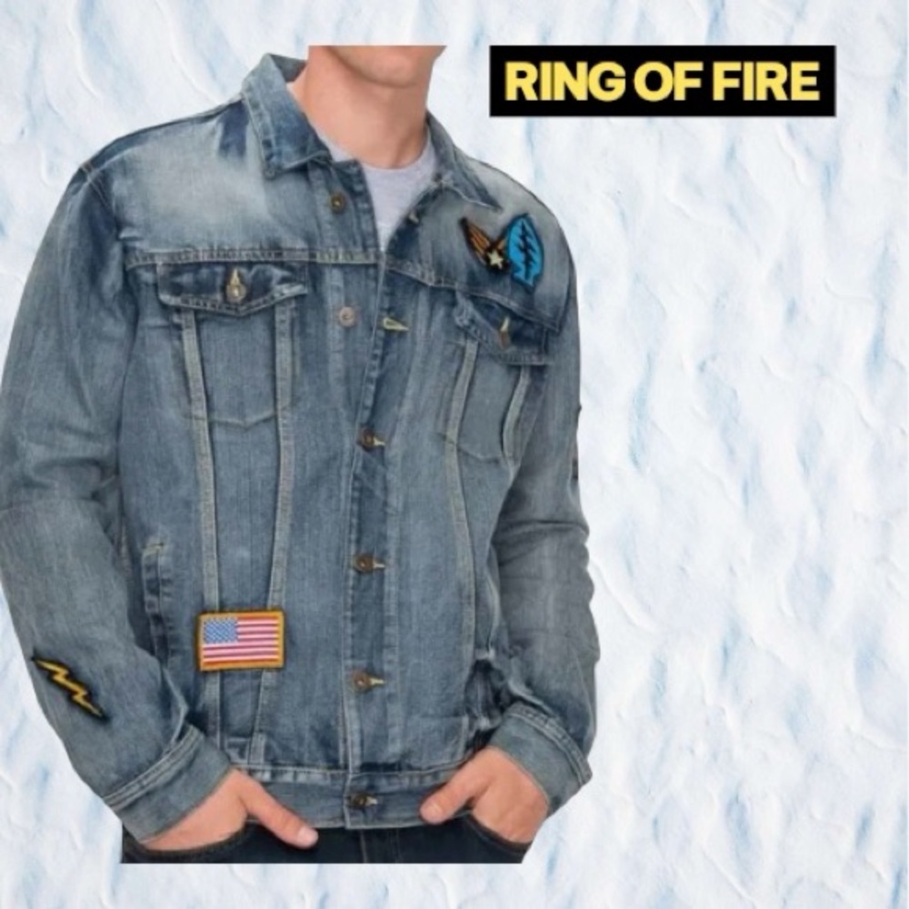 Ring of Fire Men's Distressed Denim Jacket with Patches
(D)